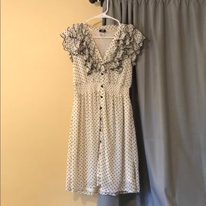 H&M white black polka dot dress, ruffle neckline